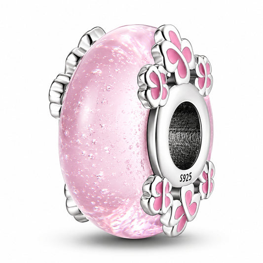 Glow in the Dark Pink Murano Luminious Charm Hallmarked S925 for Charm Bracelet and Necklace