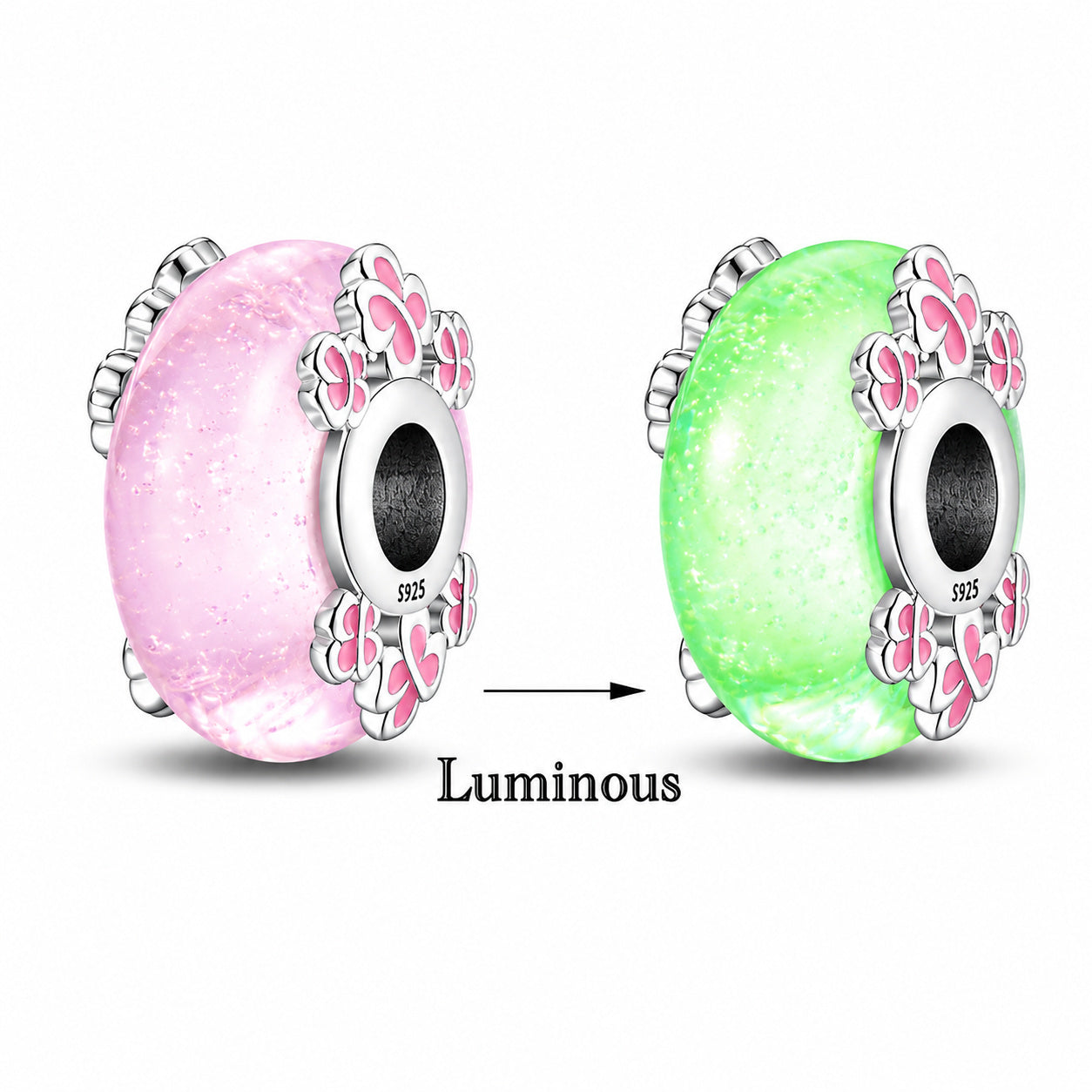 Glow in the Dark Pink Murano Luminious Charm Hallmarked S925 for Charm Bracelet and Necklace