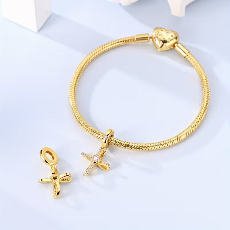 Gold Cross with Pink Heart Dangle Charm Sterling Silver Charm Hallmarked S925 for Charm Bracelet and Necklace