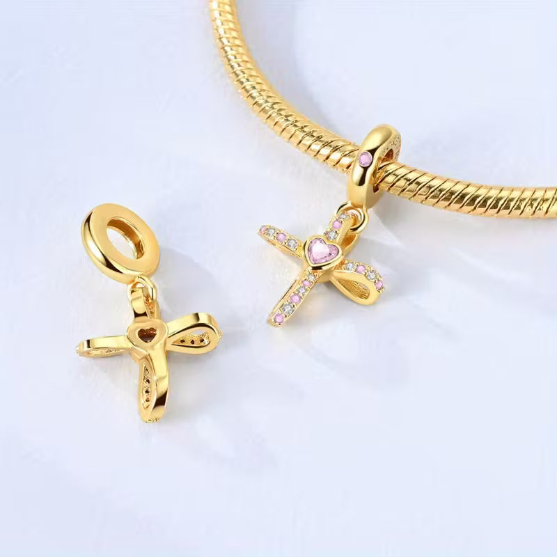 Gold Cross with Pink Heart Dangle Charm Sterling Silver Charm Hallmarked S925 for Charm Bracelet and Necklace