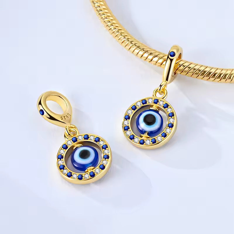 Gold Plated Plated Cubic Rotating Evil Eye Sterling Silver Charm Hallmarked S925 for Charm Bracelet and Necklace