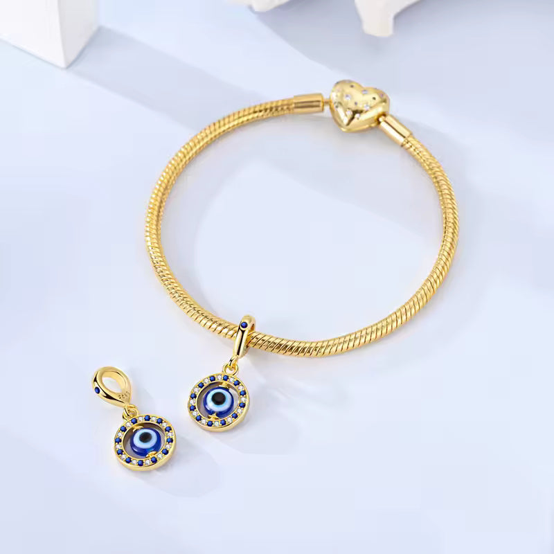 Gold Plated Plated Cubic Rotating Evil Eye Sterling Silver Charm Hallmarked S925 for Charm Bracelet and Necklace
