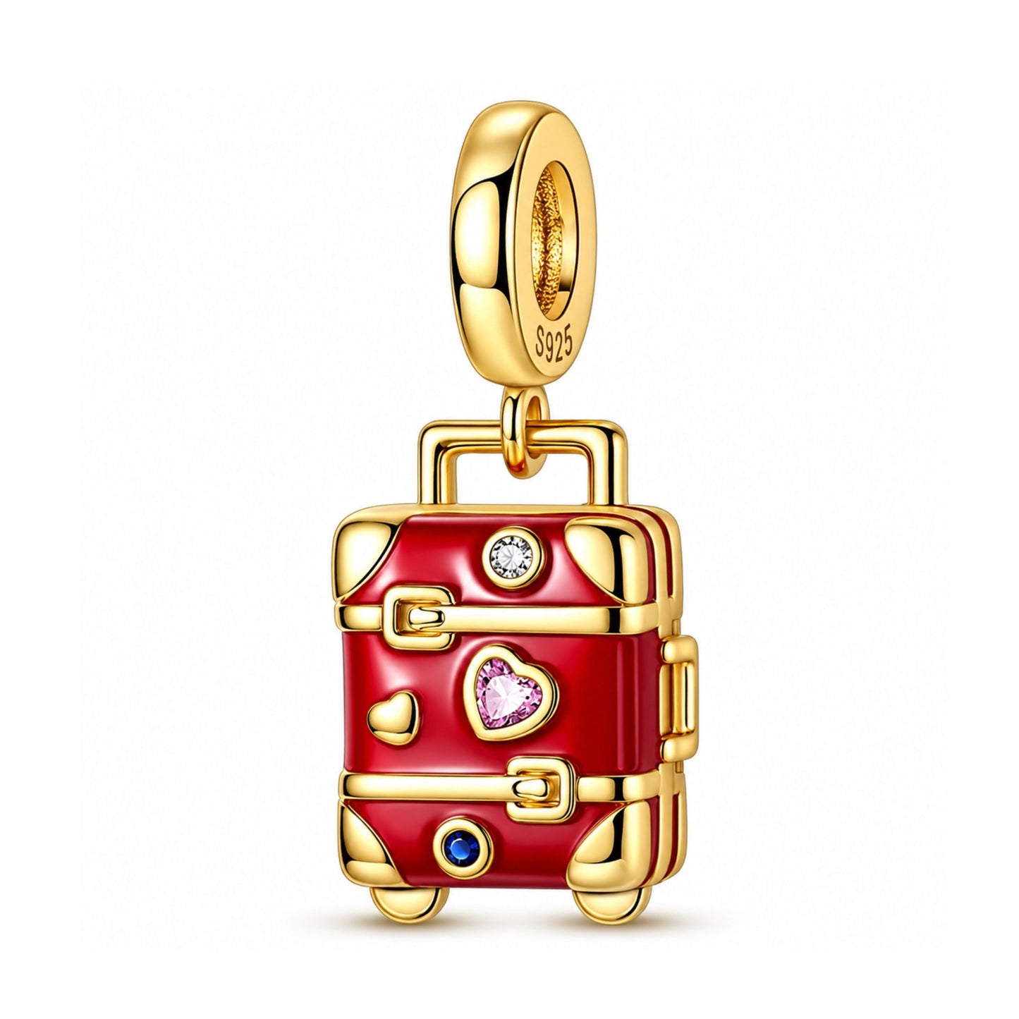 Gold Red Suitcase Travel Charm Hallmarked S925 for Charm Bracelet and Necklace