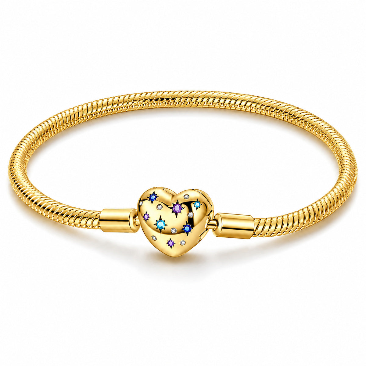 Sterling Silver S925 Gold Stars Heart Charm Bracelet