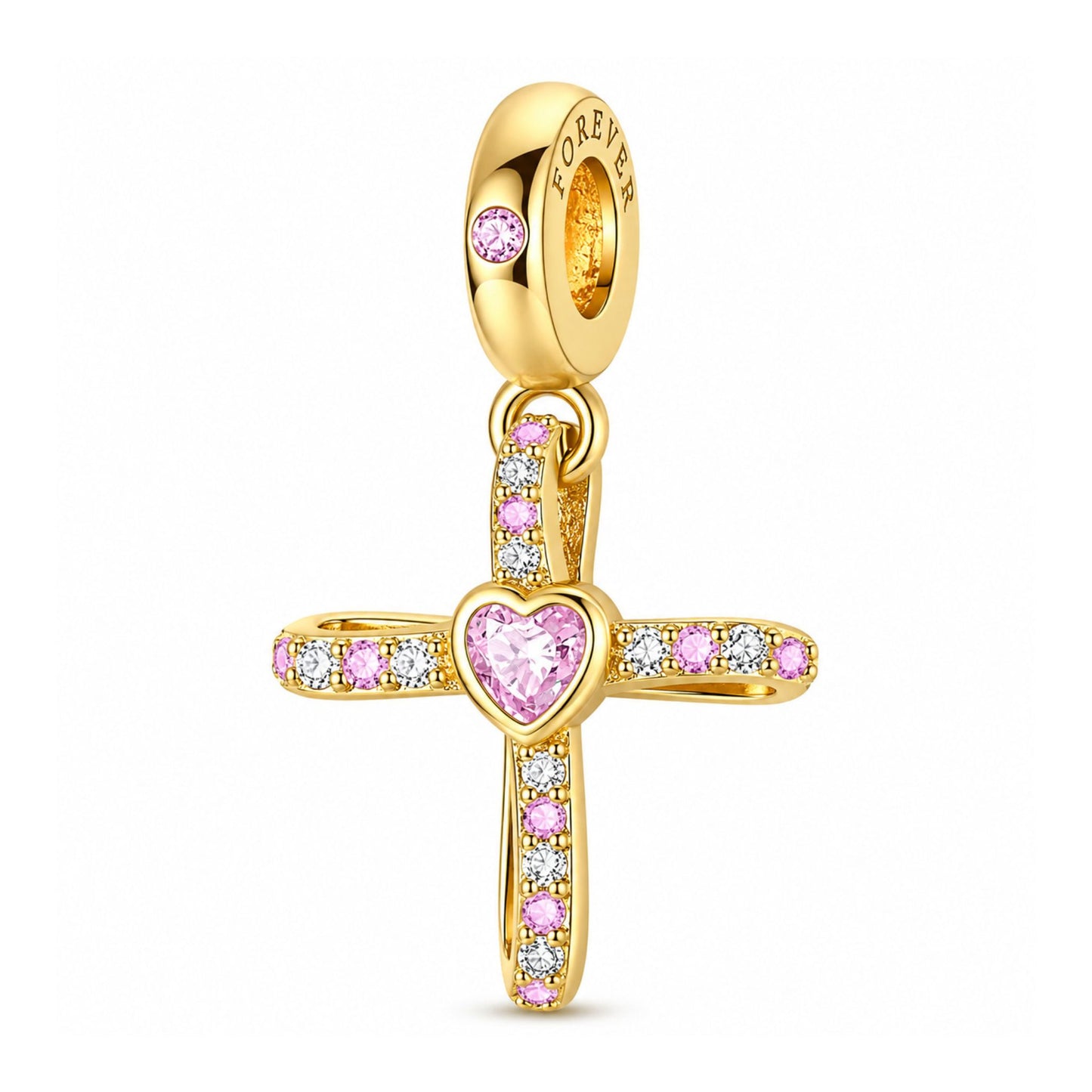 Gold Cross with Pink Heart Dangle Charm Sterling Silver Charm Hallmarked S925 for Charm Bracelet and Necklace