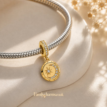 Gold Moon Star Dangle Charm Hallmarked S925 for Charm Bracelet and Necklace