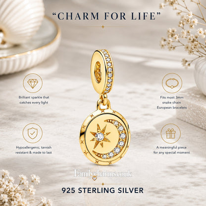 Gold Moon Star Dangle Charm Hallmarked S925 for Charm Bracelet and Necklace