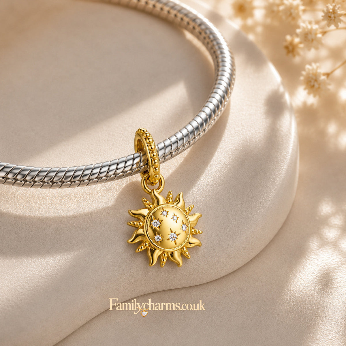 Gold Sun Celestial Dangle Charm Hallmarked S925 for Charm Bracelet and Necklace
