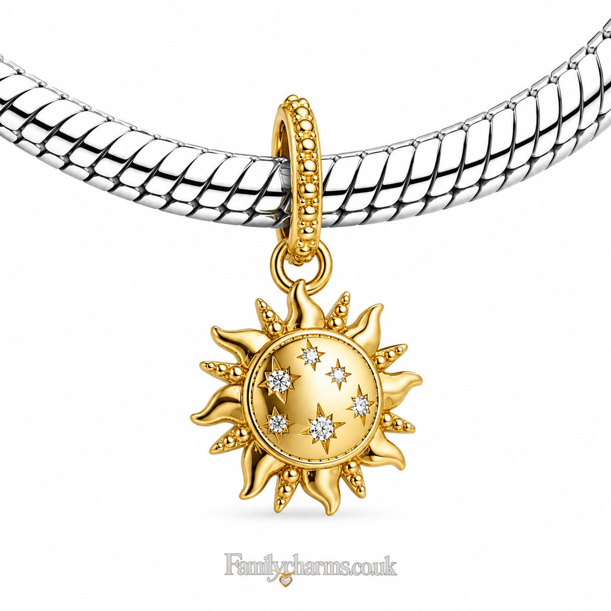 Gold Sun Celestial Dangle Charm Hallmarked S925 for Charm Bracelet and Necklace