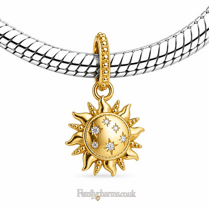Gold Sun Celestial Dangle Charm Hallmarked S925 for Charm Bracelet and Necklace