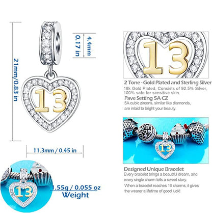Golden 13th Birthday Number Dangle Sterling Silver Charm Hallmarked S925 for Charm Bracelet and Necklace