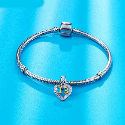 Golden 13th Birthday Number Dangle Sterling Silver Charm Hallmarked S925 for Charm Bracelet and Necklace