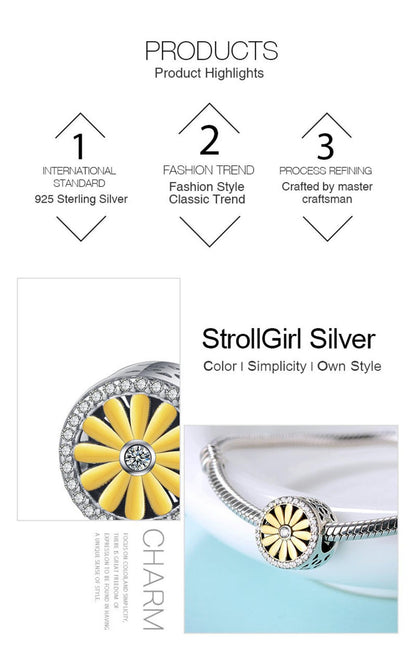 Golden Dandelion Flower Daffodil Sterling Silver Charm Hallmarked S925 for Charm Bracelet and Necklace