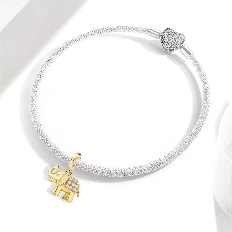 Golden Elephant Dangle Charm Sterling Silver Charm Hallmarked S925 for Charm Bracelet and Necklace