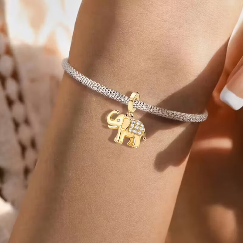 Golden Elephant Dangle Charm Sterling Silver Charm Hallmarked S925 for Charm Bracelet and Necklace