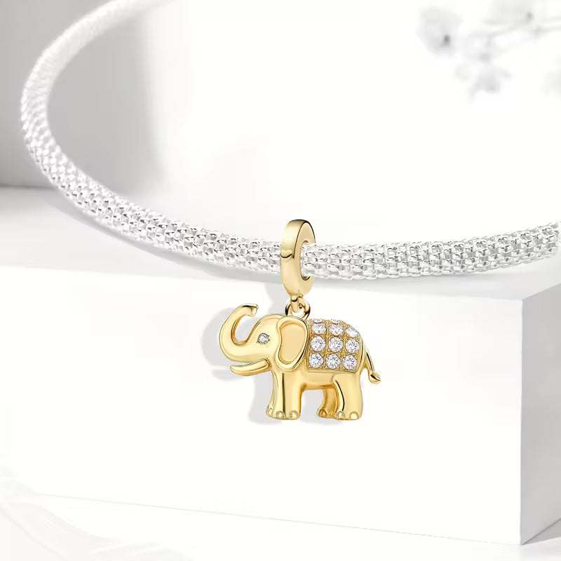 Golden Elephant Dangle Charm Sterling Silver Charm Hallmarked S925 for Charm Bracelet and Necklace