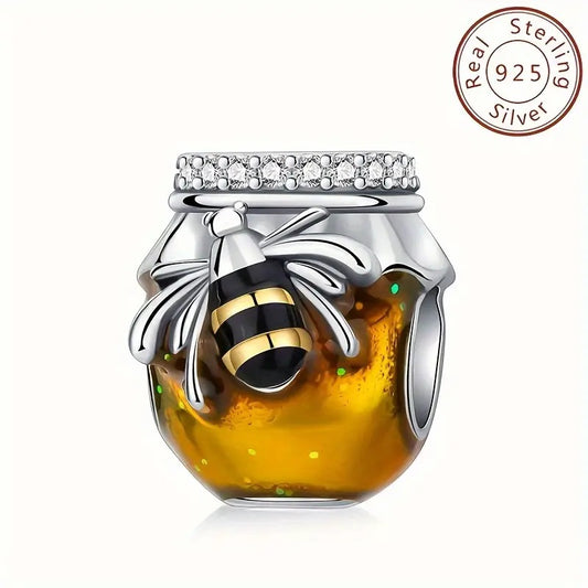 Golden Honey Jar Bee Charm Sterling Silver Charm Hallmarked S925 for Charm Bracelet and Necklace