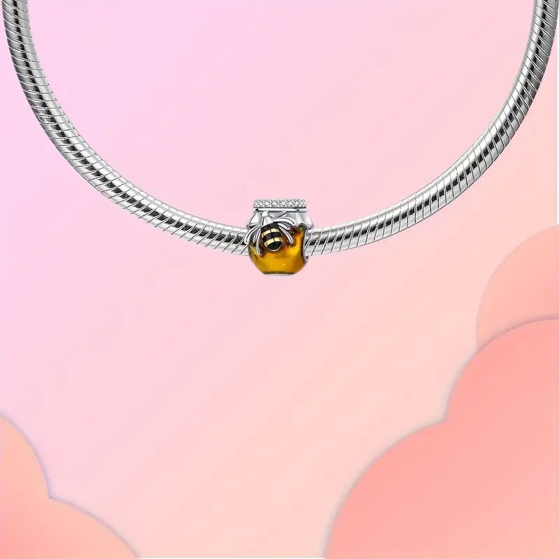 Golden Honey Jar Bee Charm Sterling Silver Charm Hallmarked S925 for Charm Bracelet and Necklace