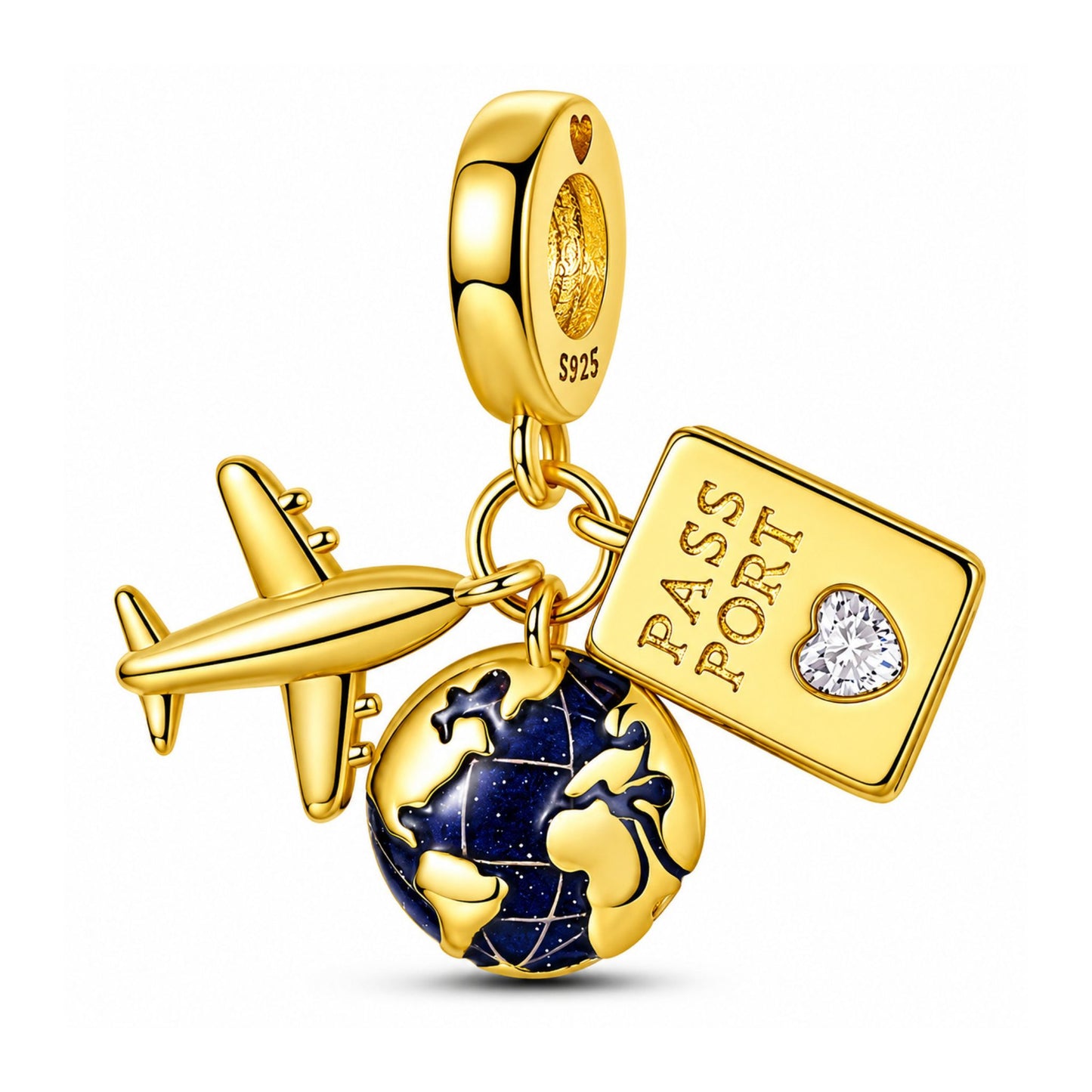 Golden Passport, Globe & Airplane Triple Dangle Charm Hallmarked S925 for Charm Bracelet and Necklace