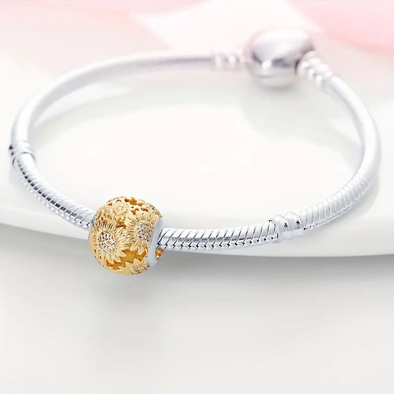 Golden Sunflower Charm for Bracelet, S925 Sterling Silver