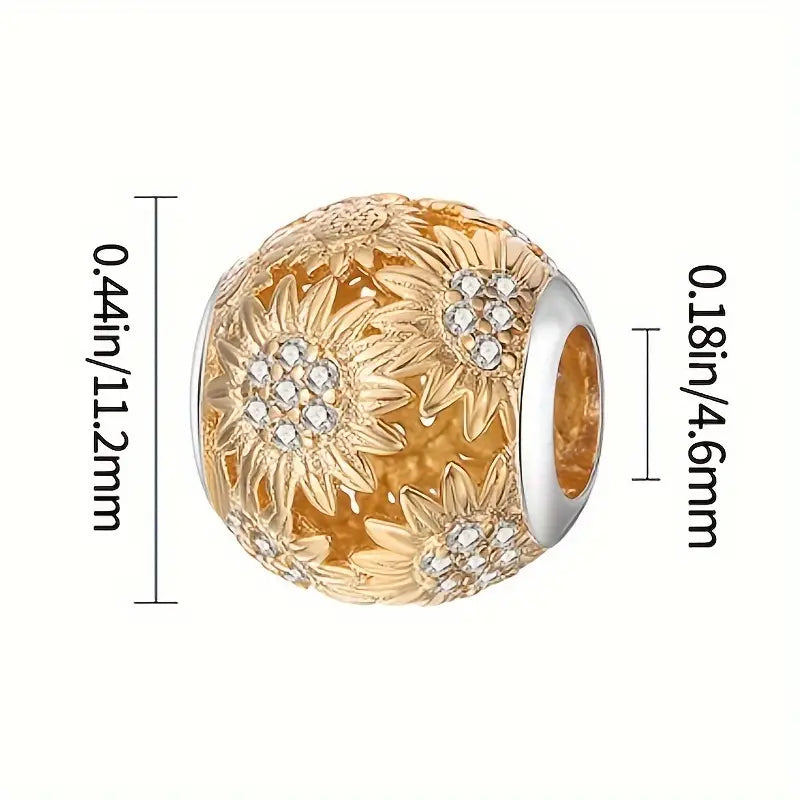 Golden Sunflower Charm for Bracelet, S925 Sterling Silver