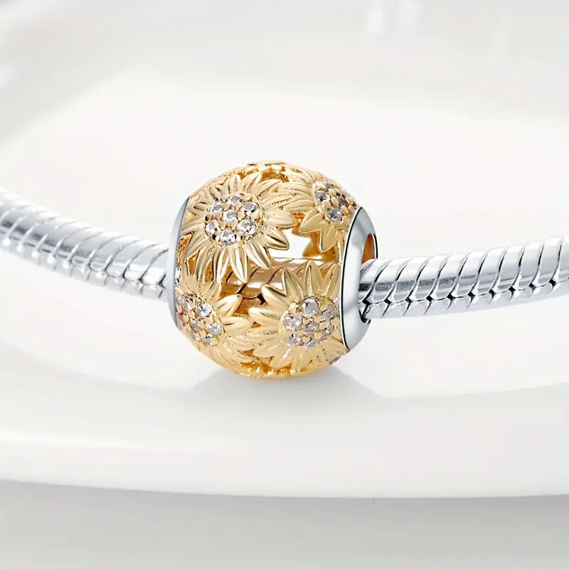 Golden Sunflower Charm for Bracelet, S925 Sterling Silver