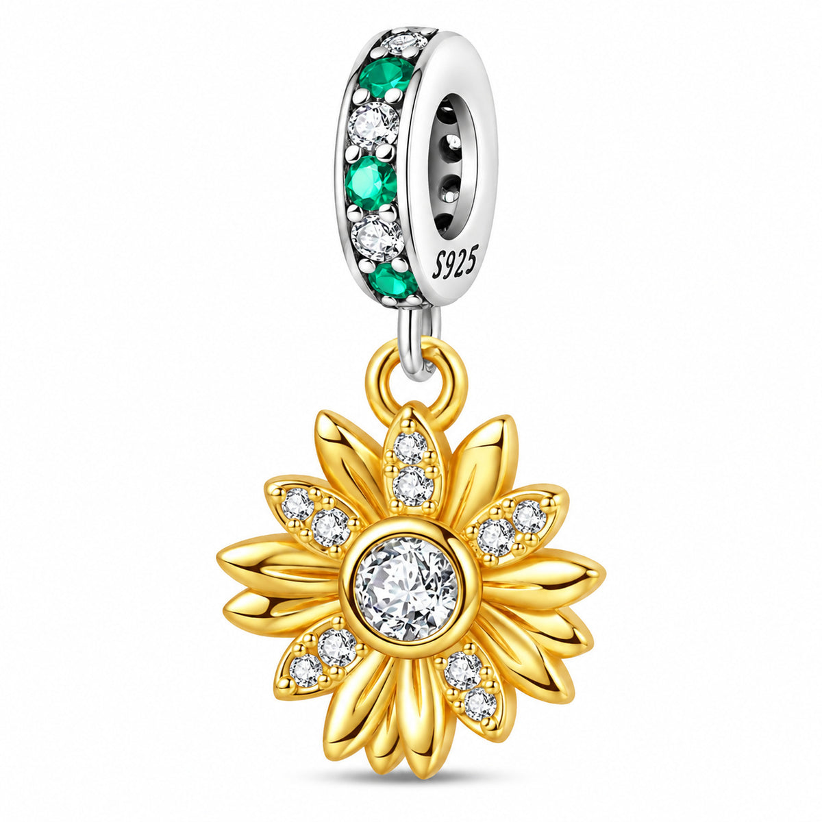 S925 Sterling Silver Golden Sunflower Bloom Dangle Charm For Bracelets