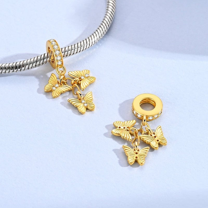 Golden Triple Butterfly Dangle Sterling Silver Charm Hallmarked S925 for Charm Bracelet and Necklace