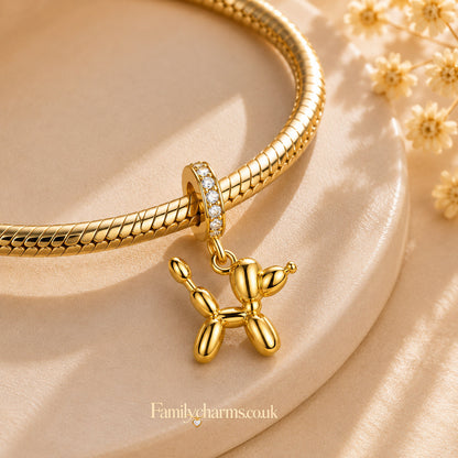 Golden Balloon Dog Dangle Charm Hallmarked S925 for Charm Bracelet and Necklace