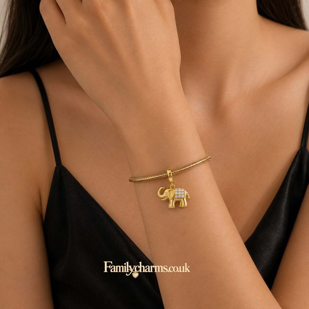 Golden Elephant Dangle Charm Sterling Silver Charm Hallmarked S925 for Charm Bracelet and Necklace