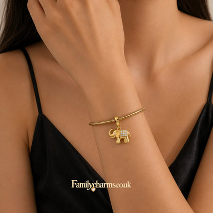 Golden Elephant Dangle Charm Sterling Silver Charm Hallmarked S925 for Charm Bracelet and Necklace