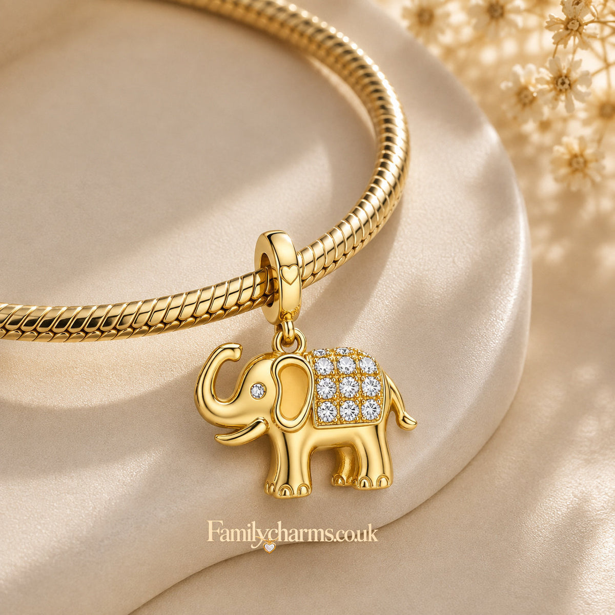 Golden Elephant Dangle Charm Sterling Silver Charm Hallmarked S925 for Charm Bracelet and Necklace