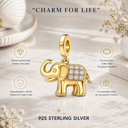 Golden Elephant Dangle Charm Sterling Silver Charm Hallmarked S925 for Charm Bracelet and Necklace