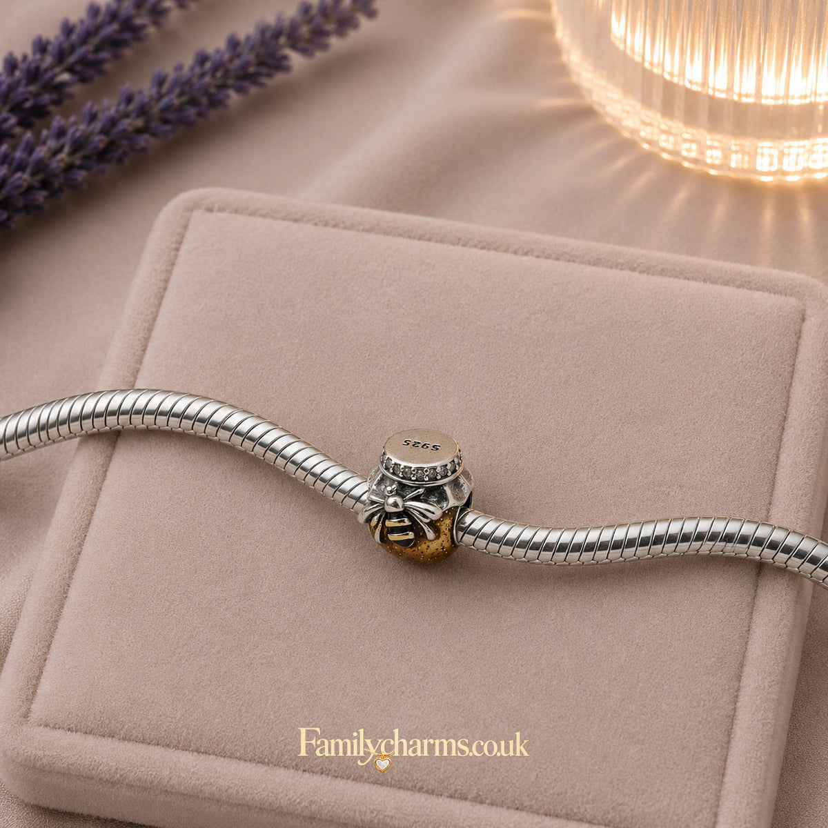Golden Honey Jar Bee Charm Sterling Silver Charm Hallmarked S925 for Charm Bracelet and Necklace