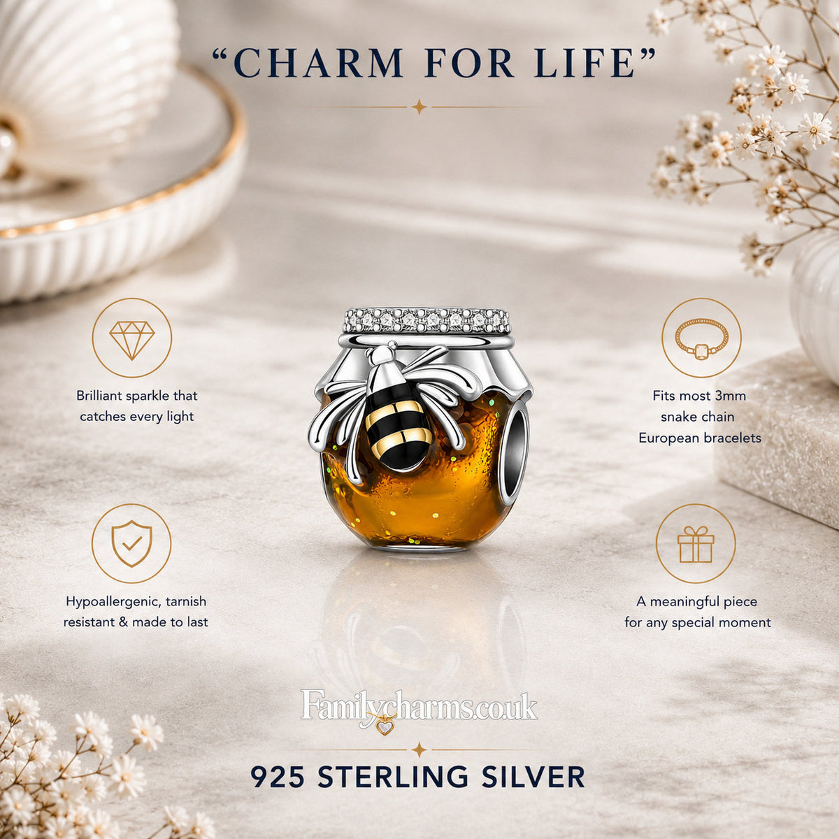 Golden Honey Jar Bee Charm Sterling Silver Charm Hallmarked S925 for Charm Bracelet and Necklace