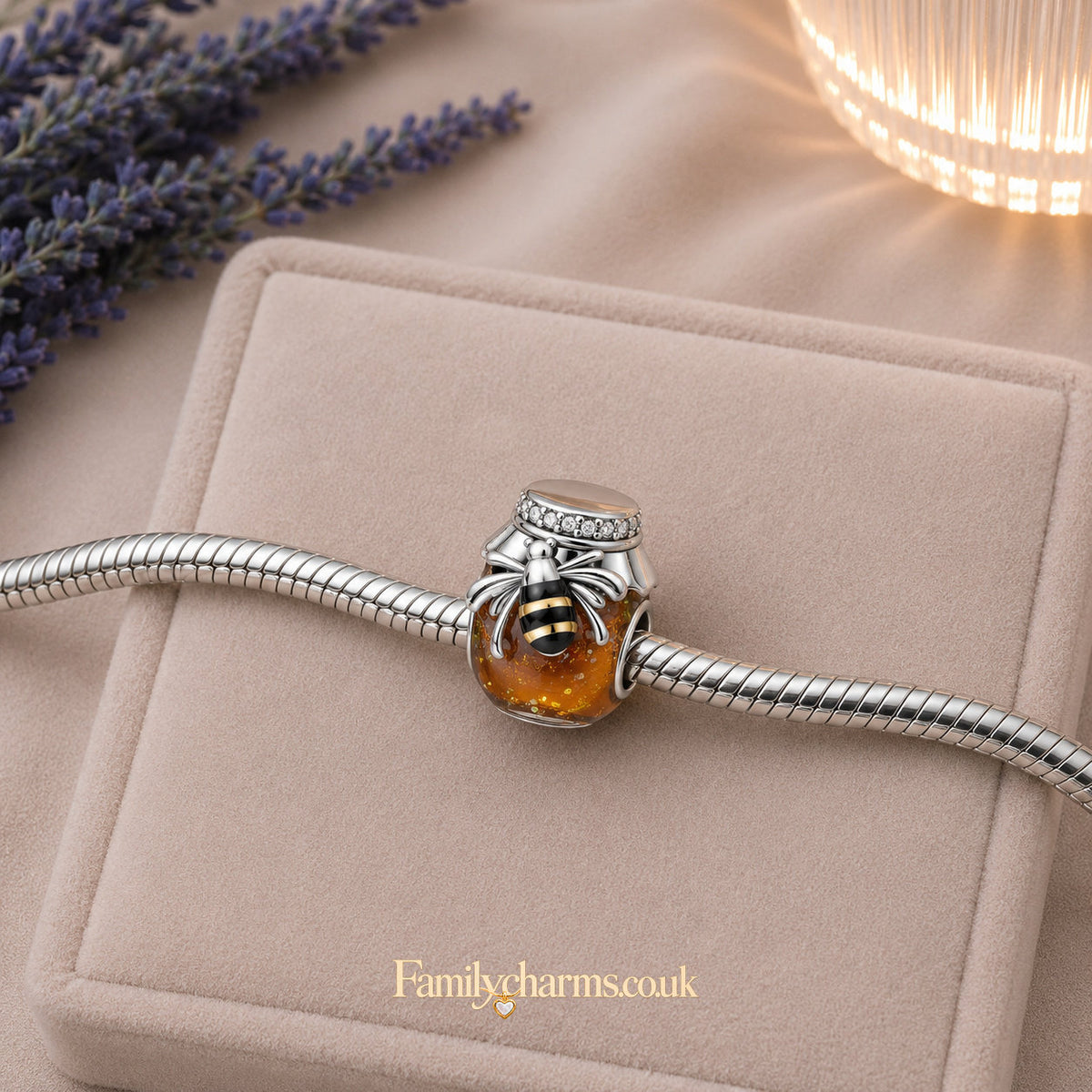 Golden Honey Jar Bee Charm Sterling Silver Charm Hallmarked S925 for Charm Bracelet and Necklace
