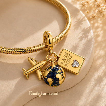 Golden Passport, Globe & Airplane Triple Dangle Charm Hallmarked S925 for Charm Bracelet and Necklace