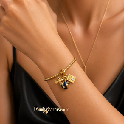 Golden Passport, Globe & Airplane Triple Dangle Charm Hallmarked S925 for Charm Bracelet and Necklace