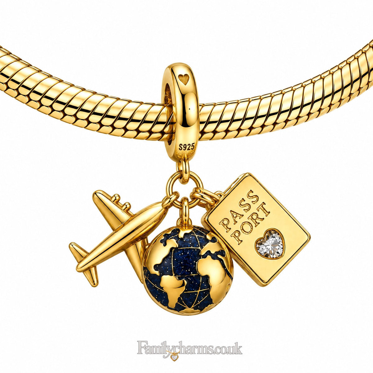 Golden Passport, Globe & Airplane Triple Dangle Charm Hallmarked S925 for Charm Bracelet and Necklace
