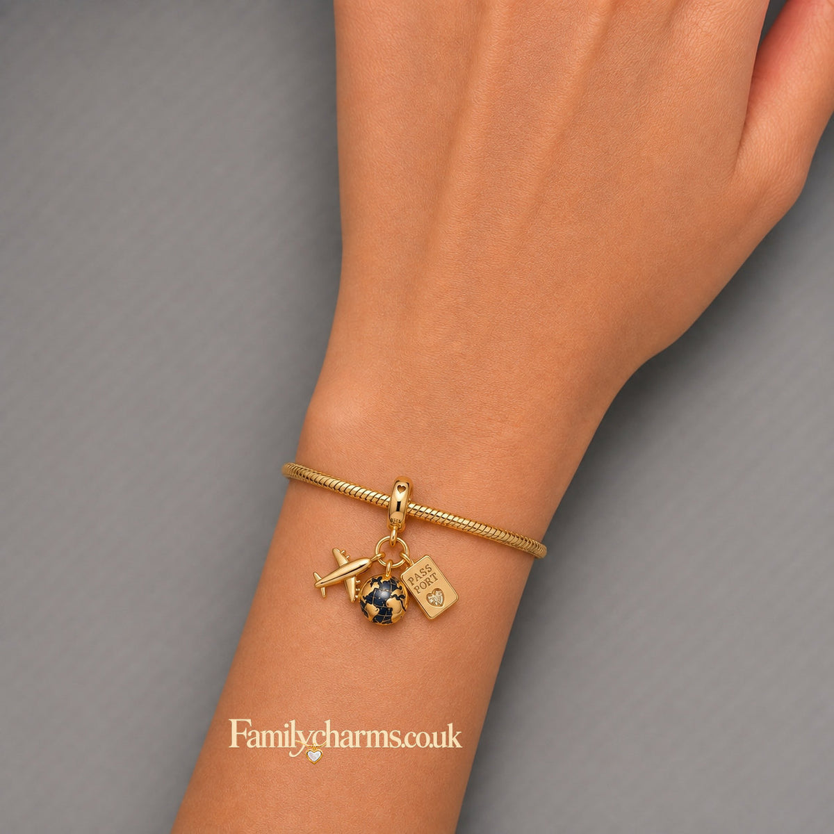 Golden Passport, Globe & Airplane Triple Dangle Charm Hallmarked S925 for Charm Bracelet and Necklace