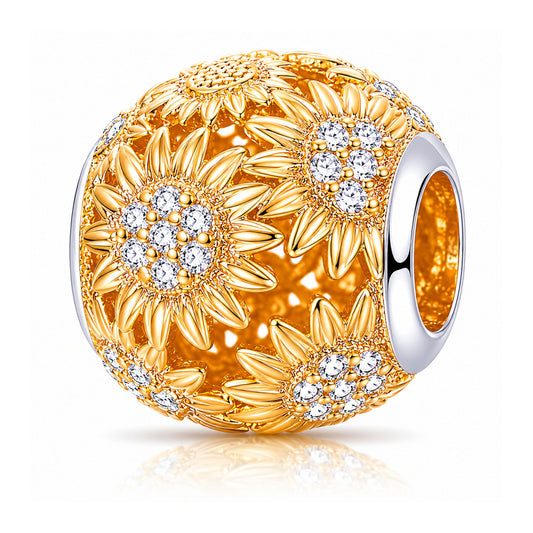Golden Sunflower Charm for Bracelet, S925 Sterling Silver