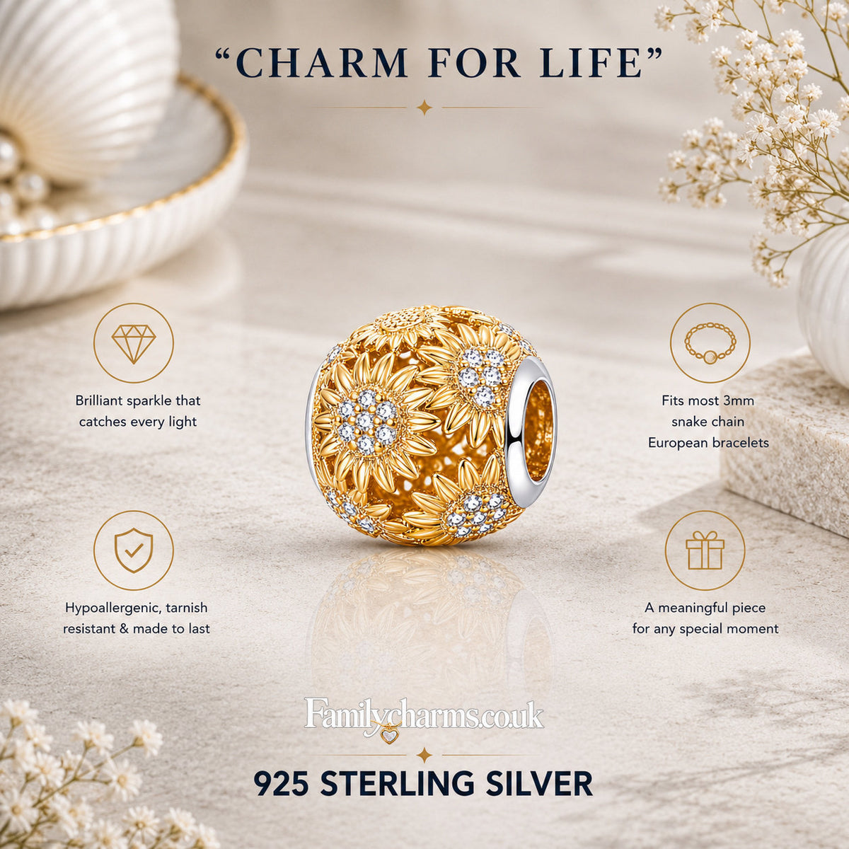Golden Sunflower Charm for Bracelet, S925 Sterling Silver