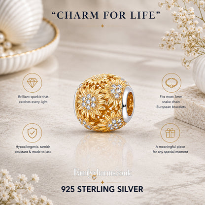 Golden Sunflower Charm for Bracelet, S925 Sterling Silver