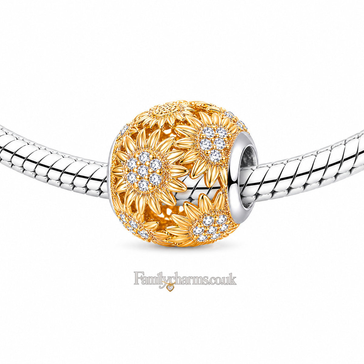 Golden Sunflower Charm for Bracelet, S925 Sterling Silver