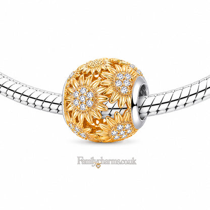 Golden Sunflower Charm for Bracelet, S925 Sterling Silver