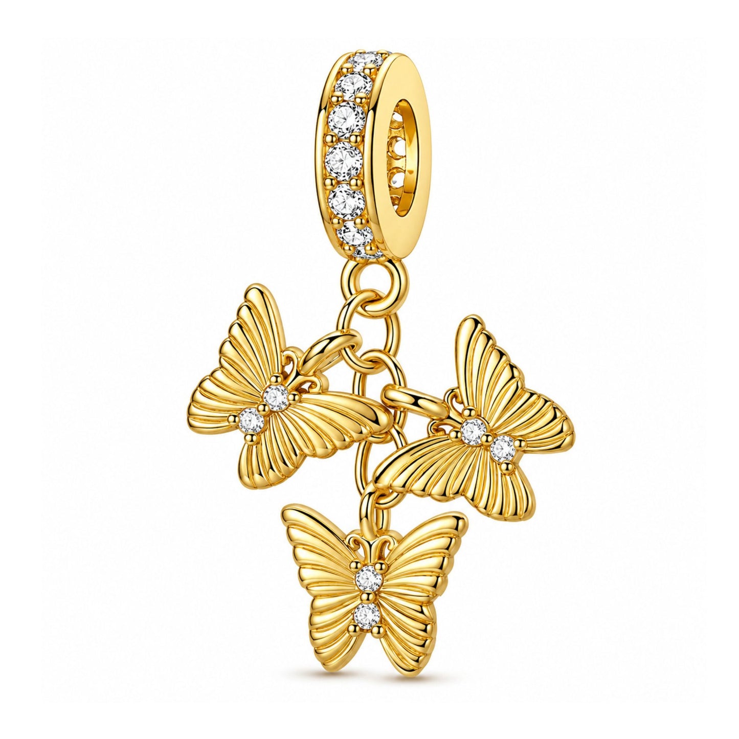 Golden Triple Butterfly Dangle Sterling Silver Charm Hallmarked S925 for Charm Bracelet and Necklace
