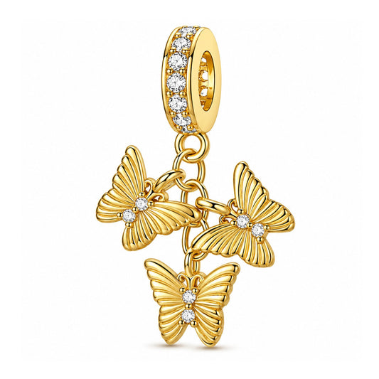Golden Triple Butterfly Dangle Sterling Silver Charm Hallmarked S925 for Charm Bracelet and Necklace