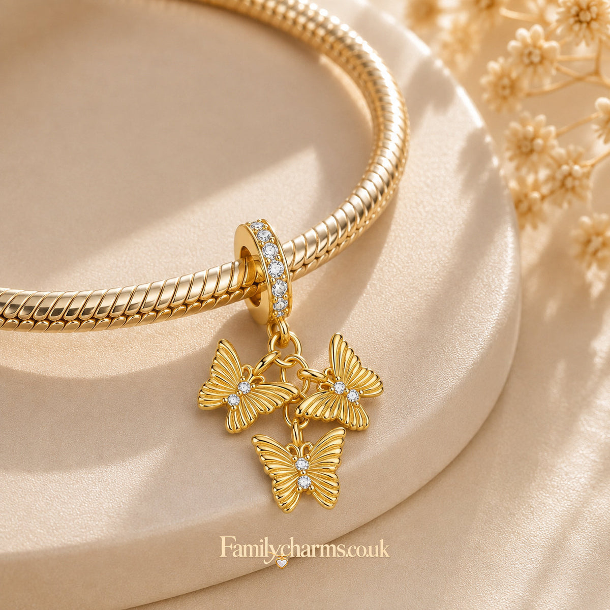 Golden Triple Butterfly Dangle Sterling Silver Charm Hallmarked S925 for Charm Bracelet and Necklace