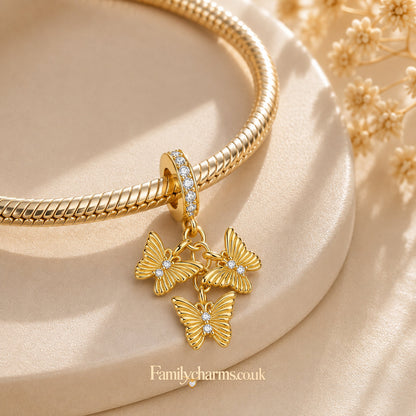 Golden Triple Butterfly Dangle Sterling Silver Charm Hallmarked S925 for Charm Bracelet and Necklace