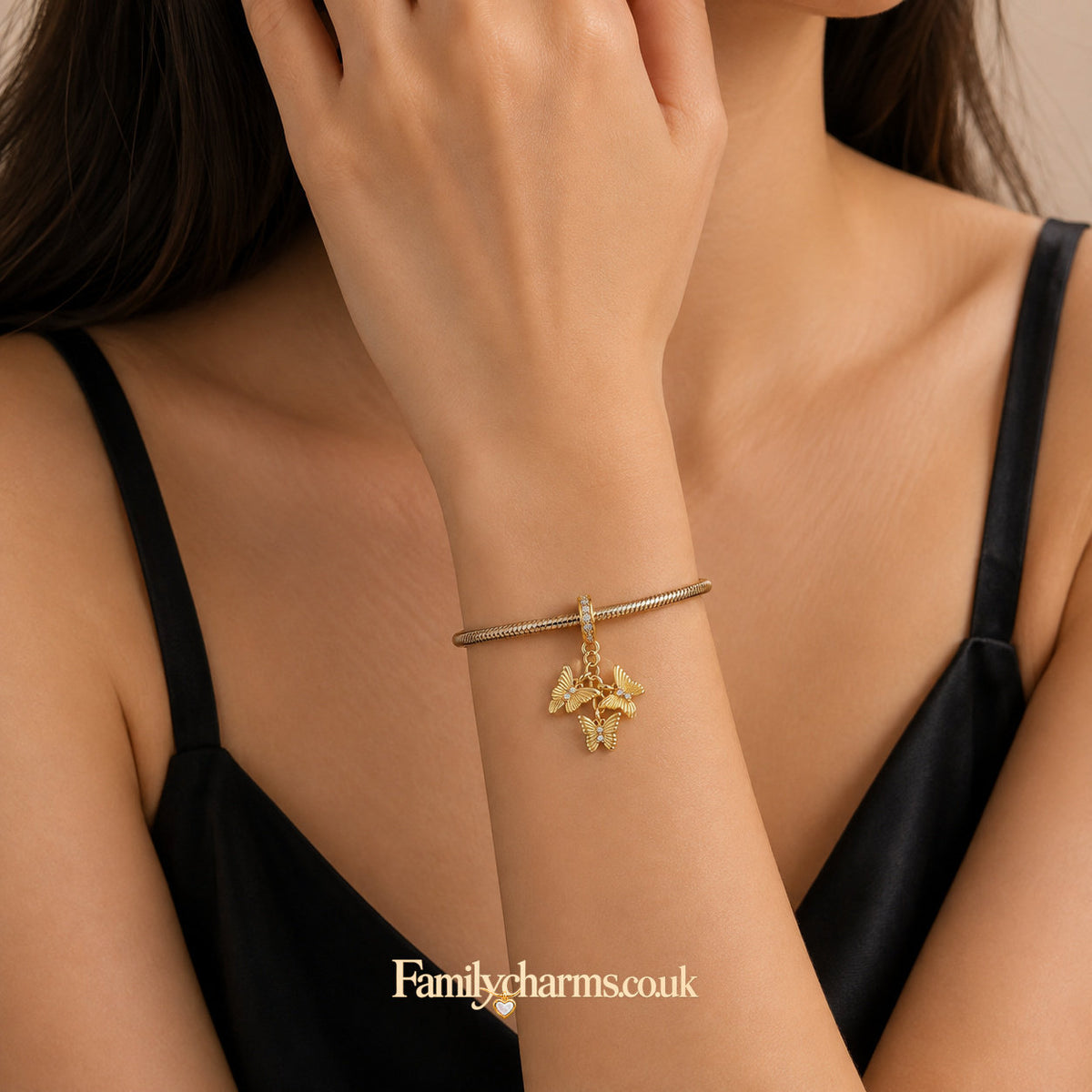 Golden Triple Butterfly Dangle Sterling Silver Charm Hallmarked S925 for Charm Bracelet and Necklace